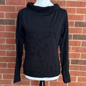 Emma James Vintage Black Embroidered And Beaded Mock Turtleneck Top